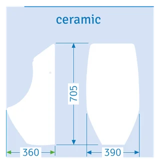 Show image 2: URIMAT ceramic: side and front outline with dimensions in millimetres (360 deep, 390 wide, 705 high)