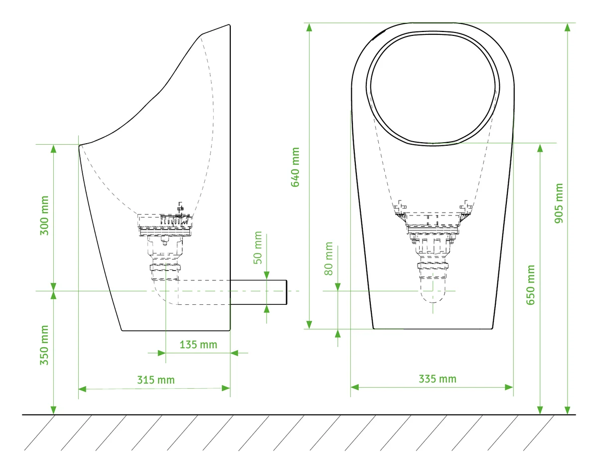 URIMAT ceramic C2: side and front dimension drawing in millimetres