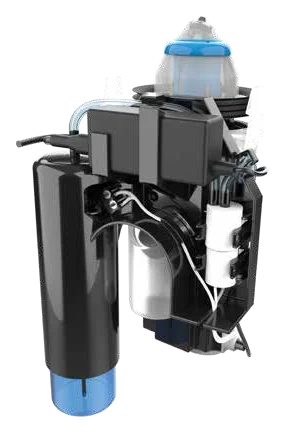 Show image 3: URIMAT CS cleaning unit behind the bowl, with the cleaner bottle and trap connection
