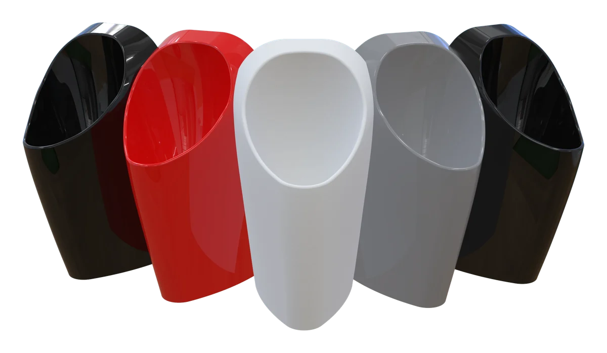 Five URIMAT ceramic urinals in black, red, white and grey