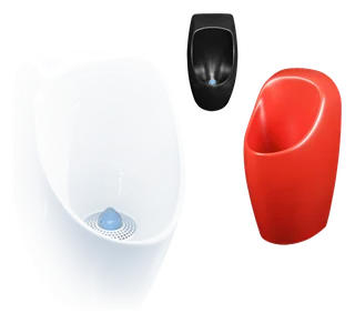Show image 2: URIMAT ceramic urinals in black and red, manufacturer page header