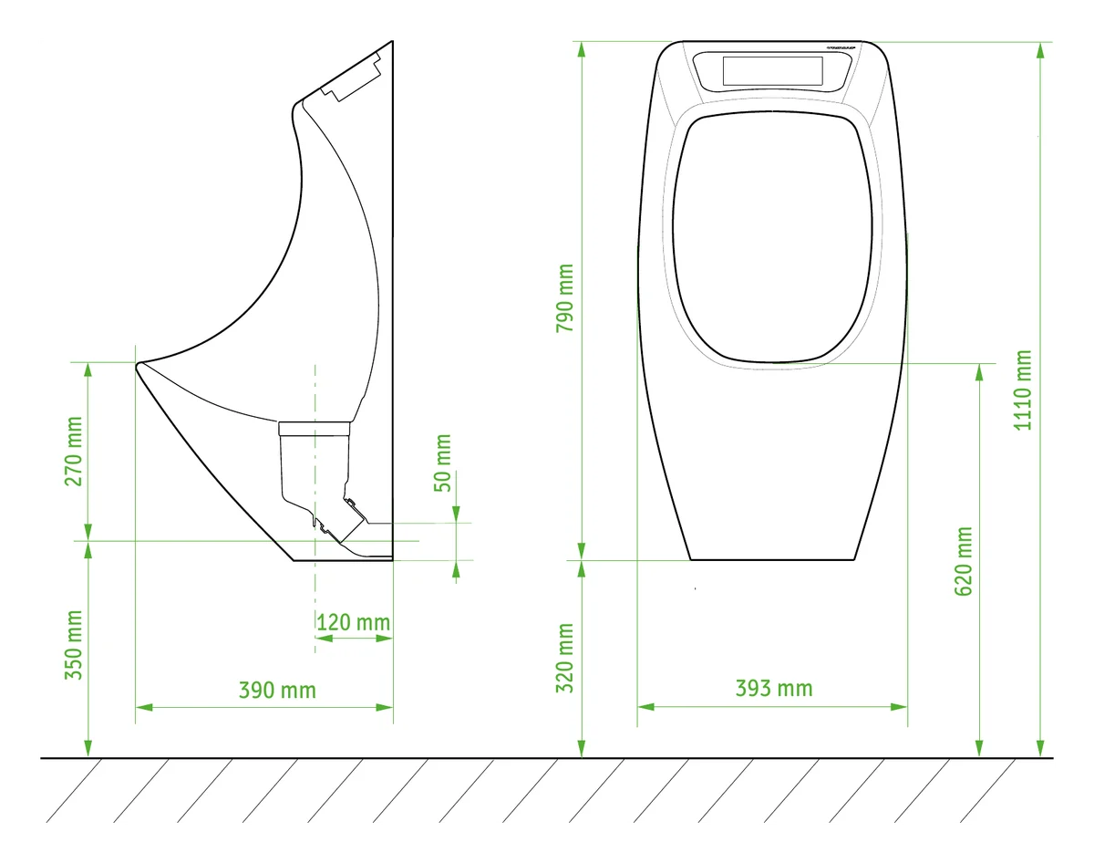 URIMAT eco25 range, 45° outlet version: side and front dimension drawing in millimetres
