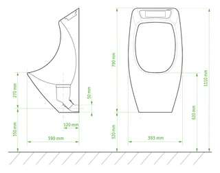 Show image 4: URIMAT eco25 range, 45° outlet version: side and front dimension drawing in millimetres