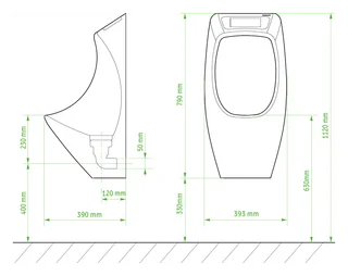 Show image 5: URIMAT eco25 range, 90° outlet version: side and front dimension drawing in millimetres