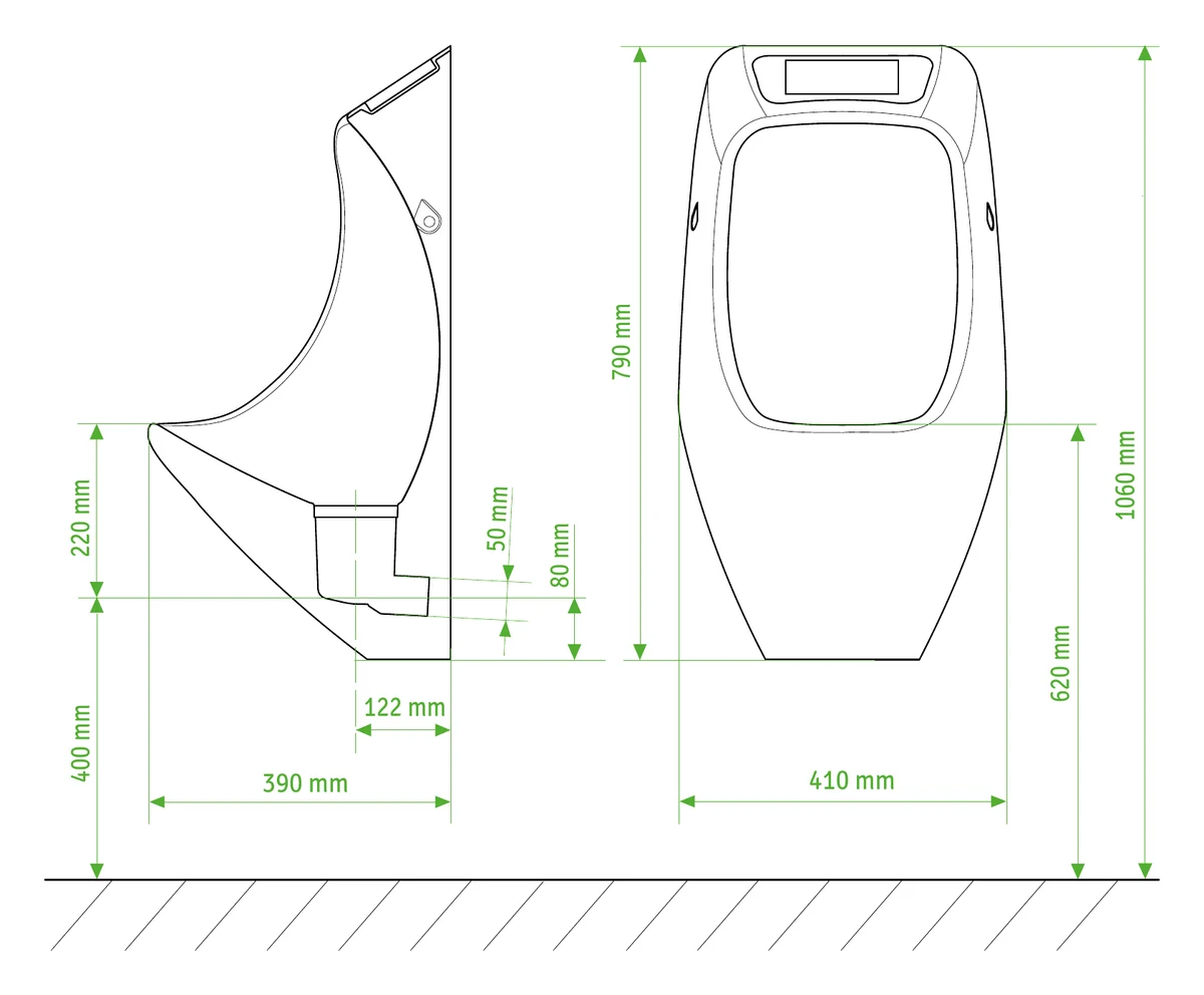 URIMAT eco plus and eco video: side and front dimension drawing in millimetres
