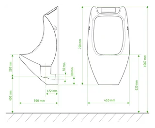 Show image 4: URIMAT eco plus and eco video: side and front dimension drawing in millimetres