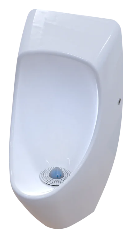 URIMAT eco25 waterless urinal in white plastic, front three-quarter view