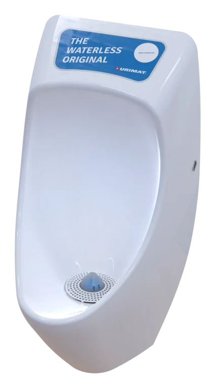 URIMAT eco25plus waterless urinal with a printed information panel above the bowl