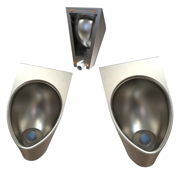 URIMAT inox from the front, from an angle, and from above inside its mounting housing