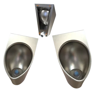 Show image 1: URIMAT inox from the front, from an angle, and from above inside its mounting housing