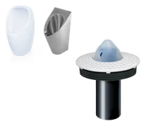 Show image 3: URIMAT MB-ActiveTrap cartridge for ceramic and stainless-steel urinals, shown with a ceramic and a stainless-steel bowl