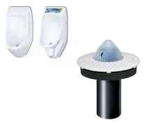 Show image 3: URIMAT MB-ActiveTrap eco odour-trap cartridge, shown with two URIMAT plastic urinals